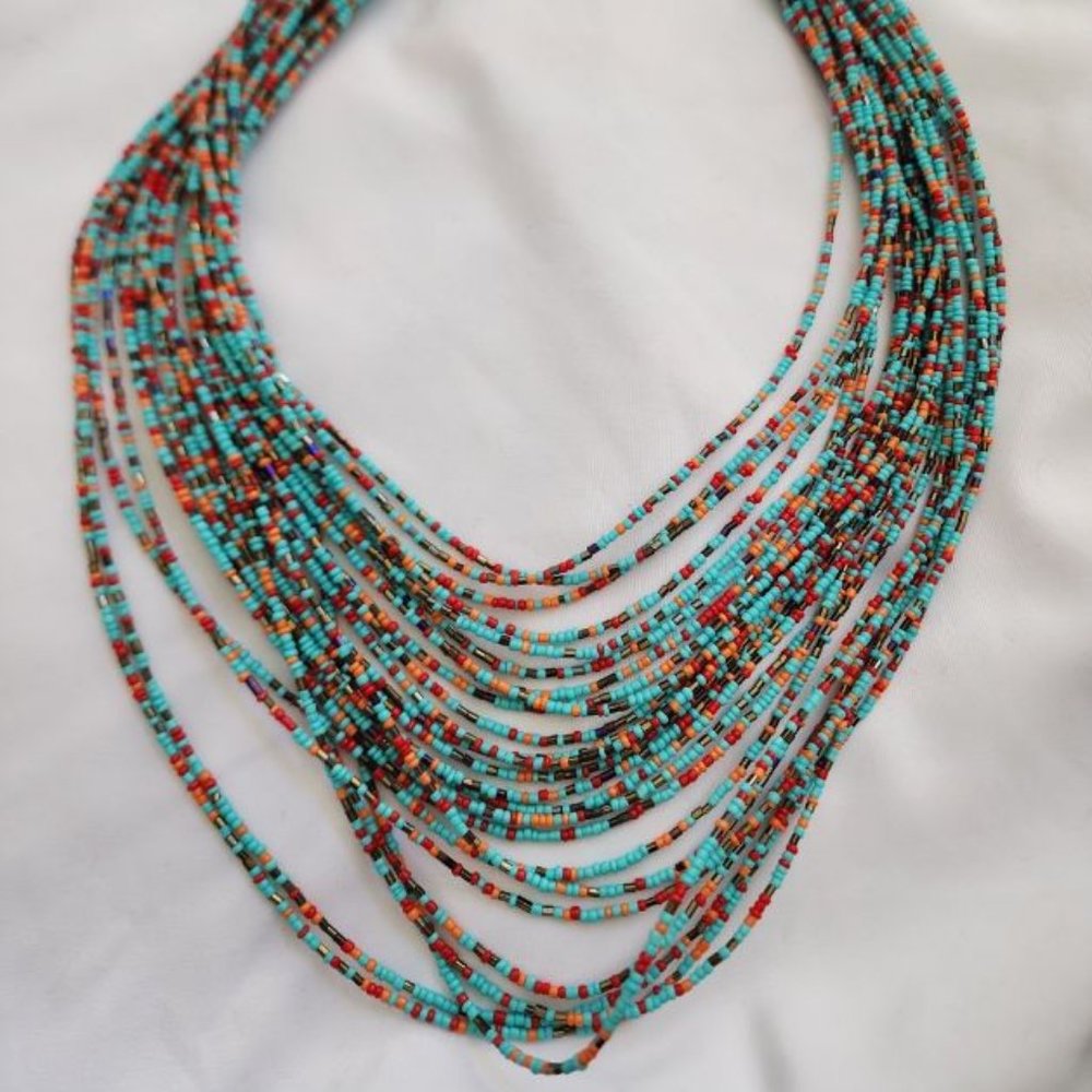MULTI-COLOR MULTI-STRAND SEED BEAD STATEMENT NECKLACE